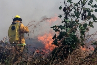 Viernes 27 de diciembre del 2013. Bomberos de la SSyCP durante las actividades de control de un incendio de un pastizal en las cercanías del Libramiento Norte y Calzada al Sumidero