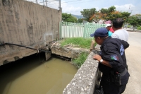 Jueves 18 de julio del 2013.. Tuxtla Gutiérrez. Curiosos observan con a dos cocodrilos moreletti dentro de uno de los afluentes pluviales que atraviesan el lado oriente de esta ciudad dentro de la entrada a las instalaciones generales del Conalep Chiapas.