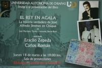 Laco Zepeda y Carlos Román durante la presentación del libro El Rey en Ácala, La Verdadera Historia de José Alfredo Jiménez de José Martínez Torres y Antonio Duran en la Universidad Autónoma de Chiapas.