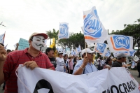 Sábado 29 de agosto del 2015. Tuxtla Gutiérrez. Paco Rojas Toledo, ex candidato a la alcaldía de Tuxtla durante la manifestación de esta tarde después de que el tribunal electoral local validara los comicios para el ayuntamiento de la capital de Chiapas.