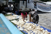Martes 5 de octubre. Militantes de la OPEZ asolean su precario alimento en una de las fuentes de la plaza central de Tuxtla donde mantienen un plantón indefinido para exigir la liberación de los presos de conciencia de las cárceles de Chiapas.