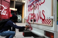 Lunes 7 de octubre del 2020. Tuxtla Gutiérrez. Destrozos y vehículos incendiados durante las manifestaciones por plaza y matriculas matricula en escuelas normales de Chiapas