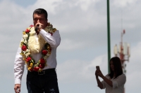 Domingo 8 de julio del 2018. Tuxtla Gutiérrez. Rutilio Escandón Cadenas después de recibir la constancia de mayorí­a de votos como Gobernador Electo del Instituto de Elecciones y Participación Ciudadana dirige su mensaje polí­tico mensaje a los ciudad