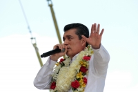 Domingo 8 de julio del 2018. Tuxtla Gutiérrez. Rutilio Escandón Cadenas después de recibir la constancia de mayorí­a de votos como Gobernador Electo del Instituto de Elecciones y Participación Ciudadana dirige su mensaje polí­tico mensaje a los ciudad