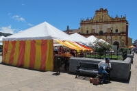 Jueves 26 de julio del 2012. San Cristóbal de las Casas. Indígenas esperan a los turistas para ofrecerle todo tipos de mercancías en el centro histórico de esta ciudad mientras que las plazas y parque se llenan de puestos de ambulantaje sin control munici